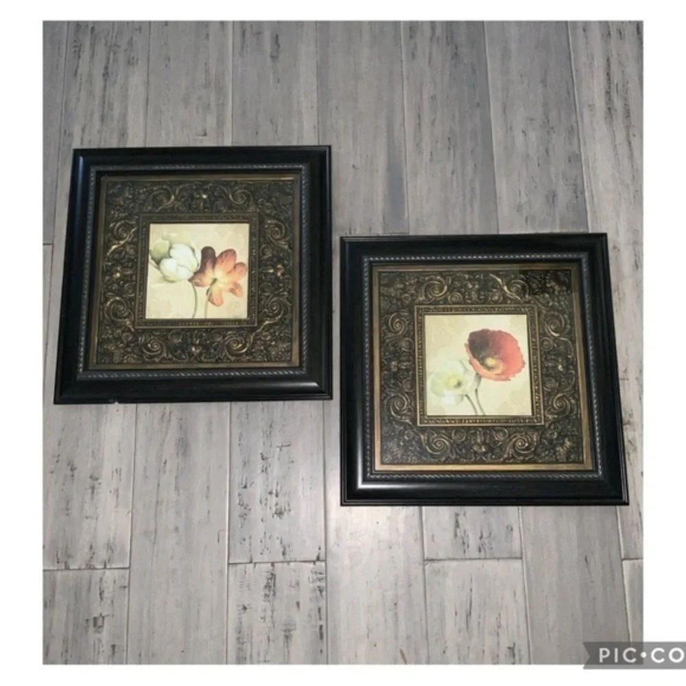 Pair Of Peonies Matted Framed Pictures~Antique Bronze & Brown Frames~Traditional